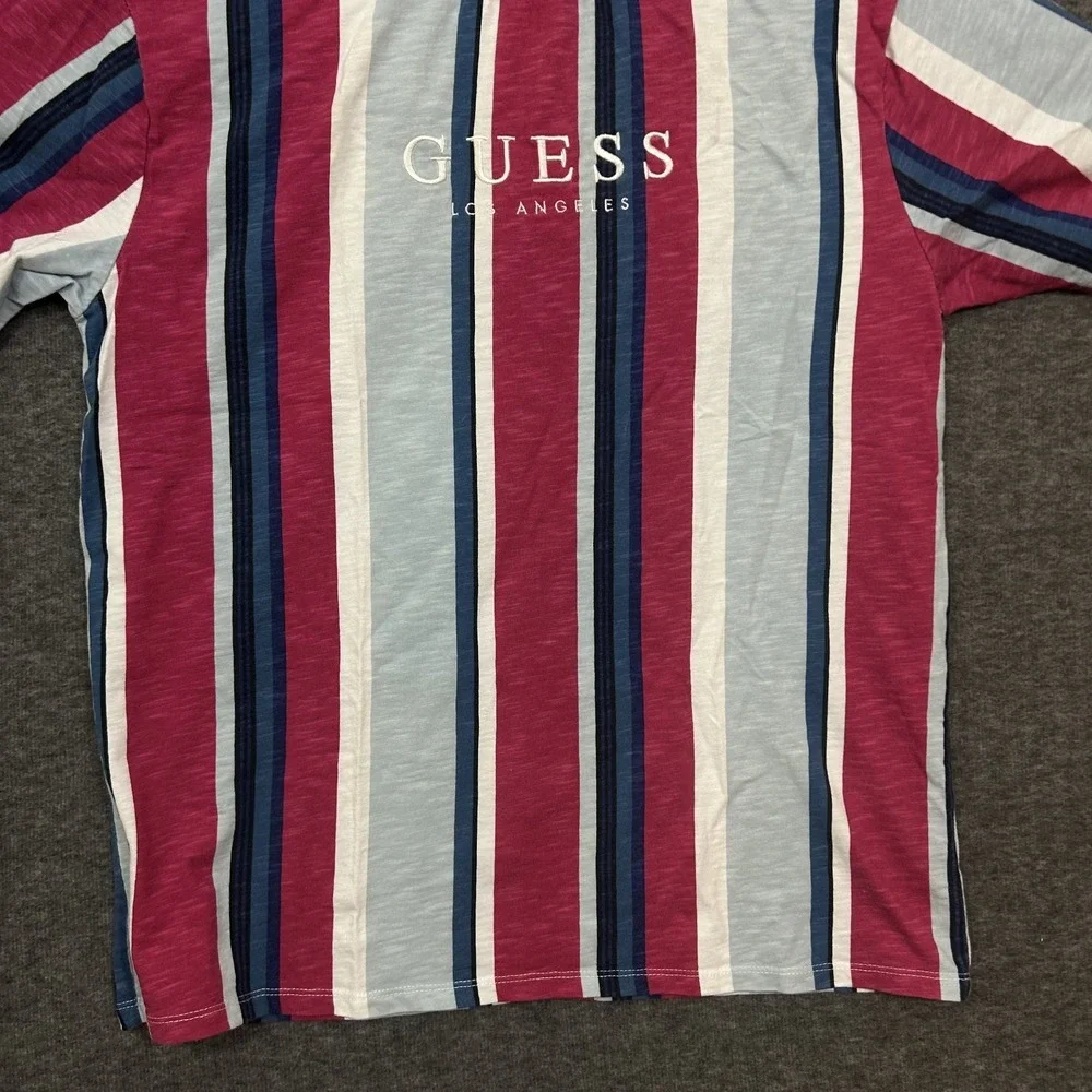VTG 90 Guess Vertical Striped Embroidered Spellout Short Sleeve Shirt Size Small - Picture 4 of 14